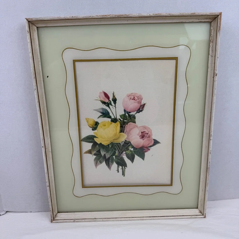 Vintage Botanical‎ Rose Floral Print Distressed White Framed Wall Art 13x17